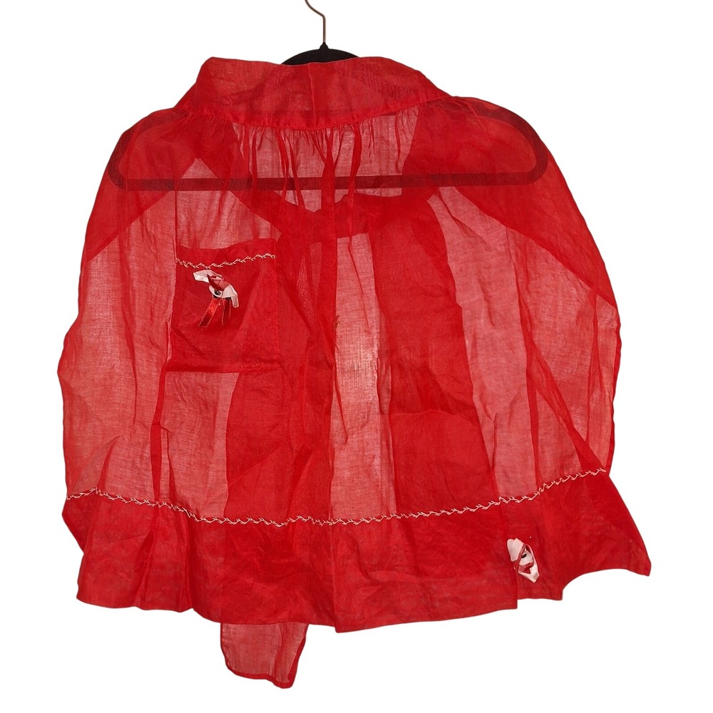 Vintage Red Sheer Novelty Apron Bib Ruffles Bells Bows Christmas Baking Cookies